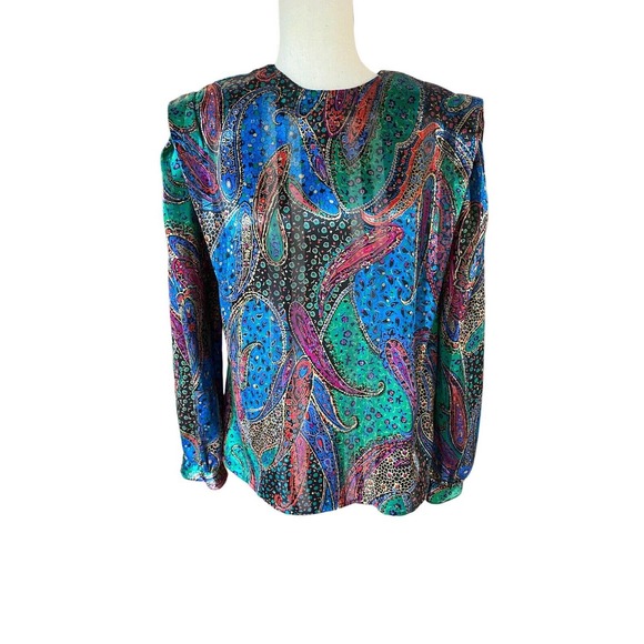 Vintage Secretary Blouse Top Pleated‎ Shoulders Medium Vintage 80s Boxy Dramatic - Picture 1 of 4